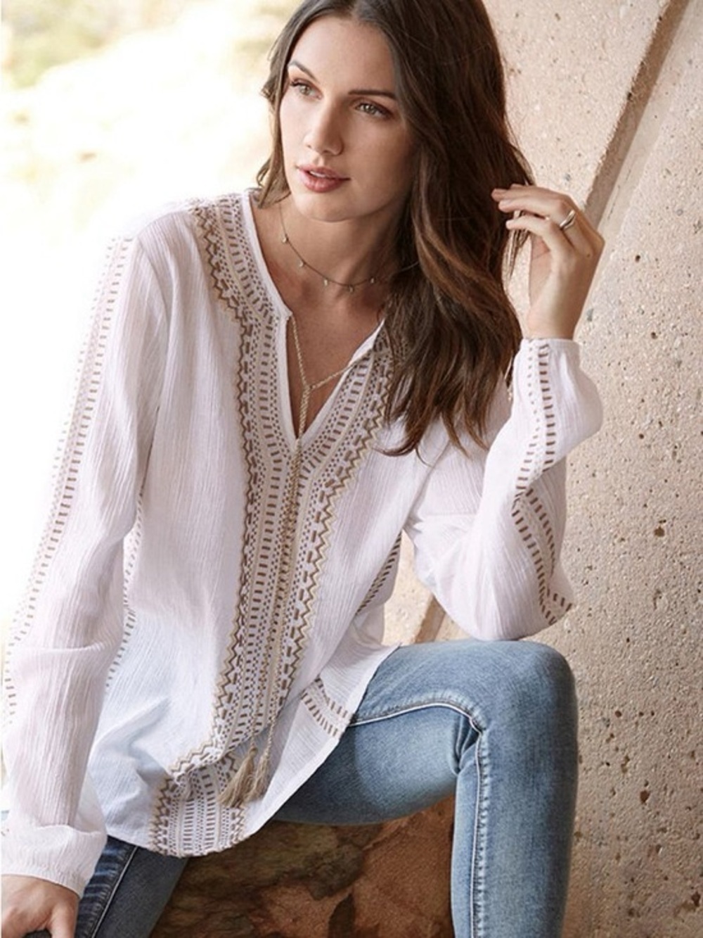 ❤️ Karen Kane White Embroidered Sheer Boho Tunic Tie Top